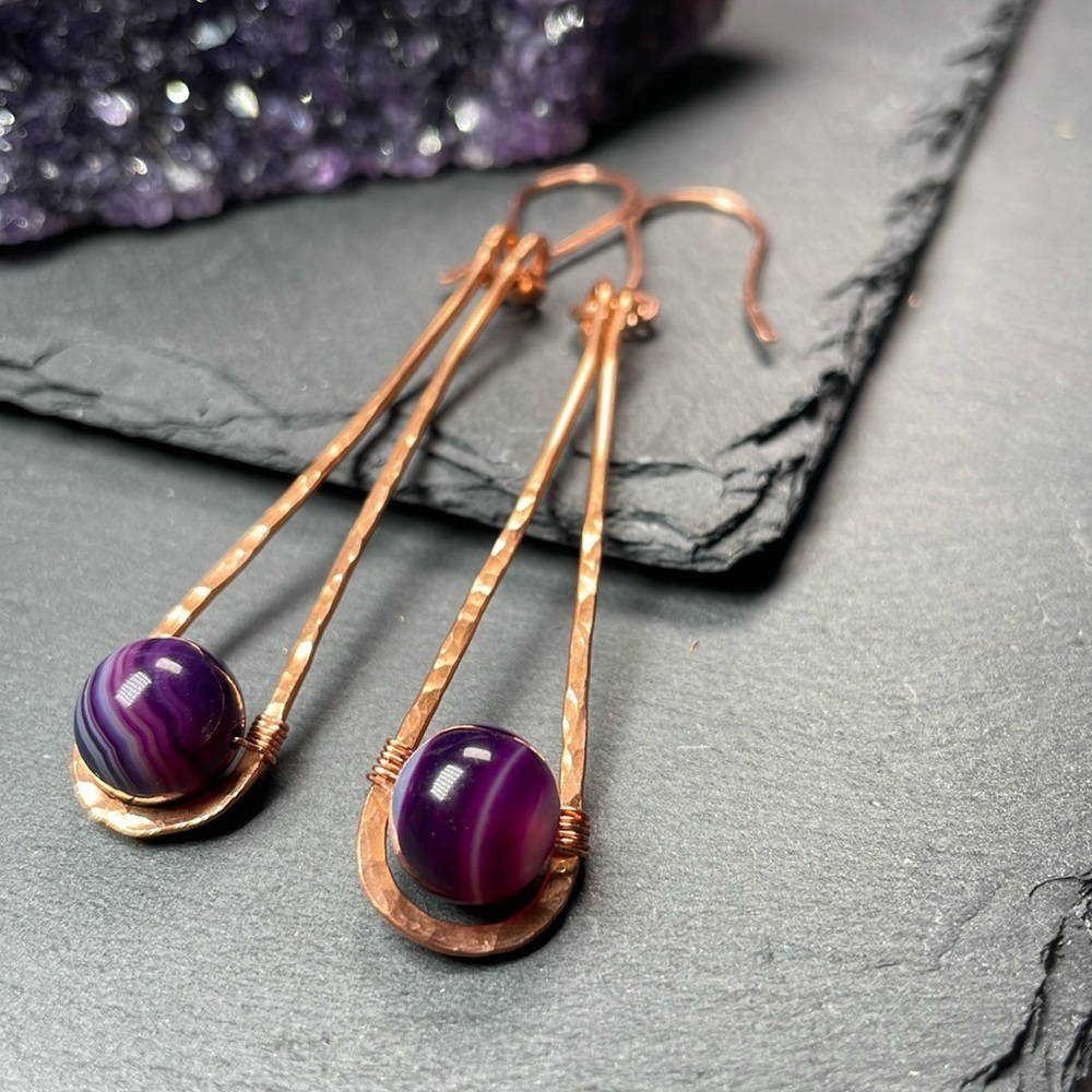 Purple Crazy Laced Agate Hammered Copper Dangle Earrings - Picture 5 of 11